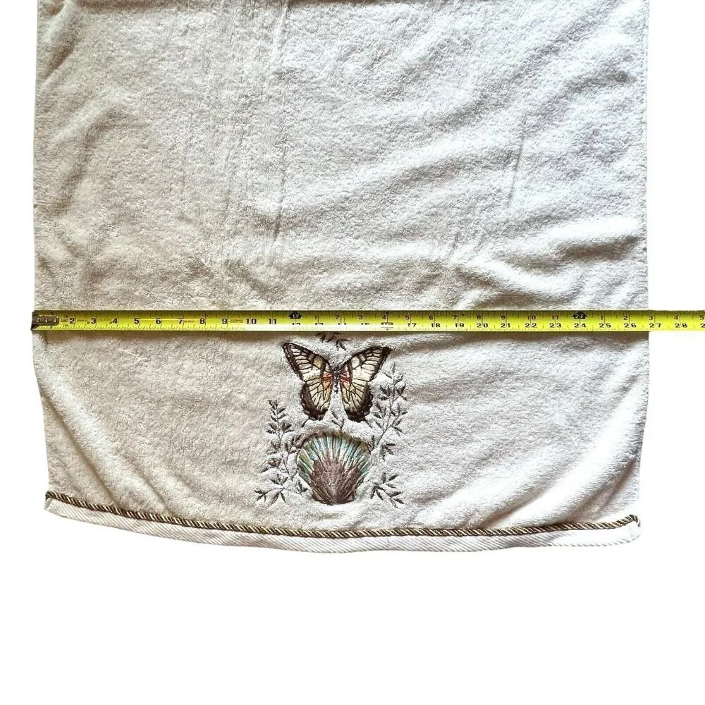 Vtg Butterfly Seashell Embroidered Towel Bath Fingertip Set Rope Trim